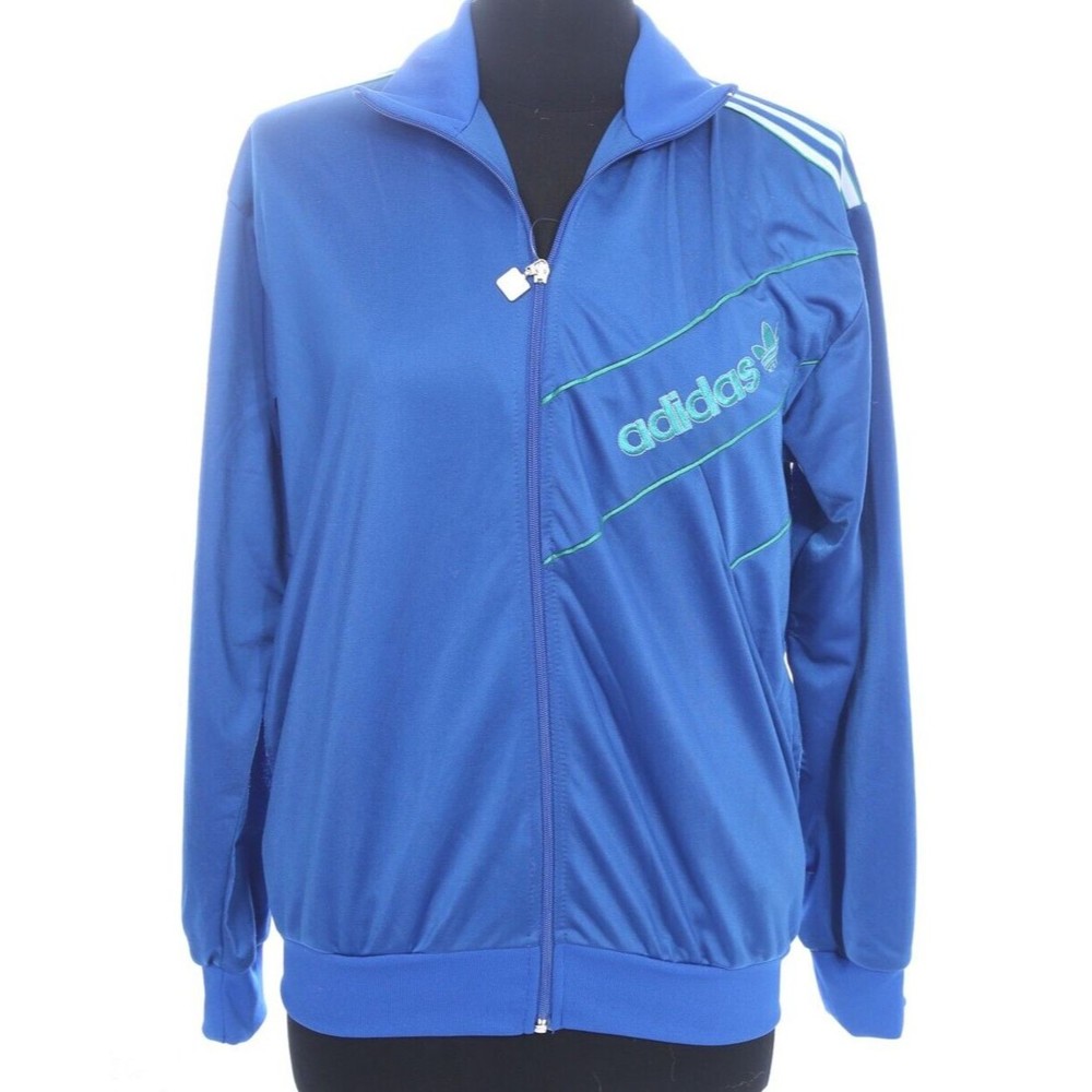 Adidas Track Jacket Women Sz L Royal Blue Green Stripe Big Trefoil Firebird 1980